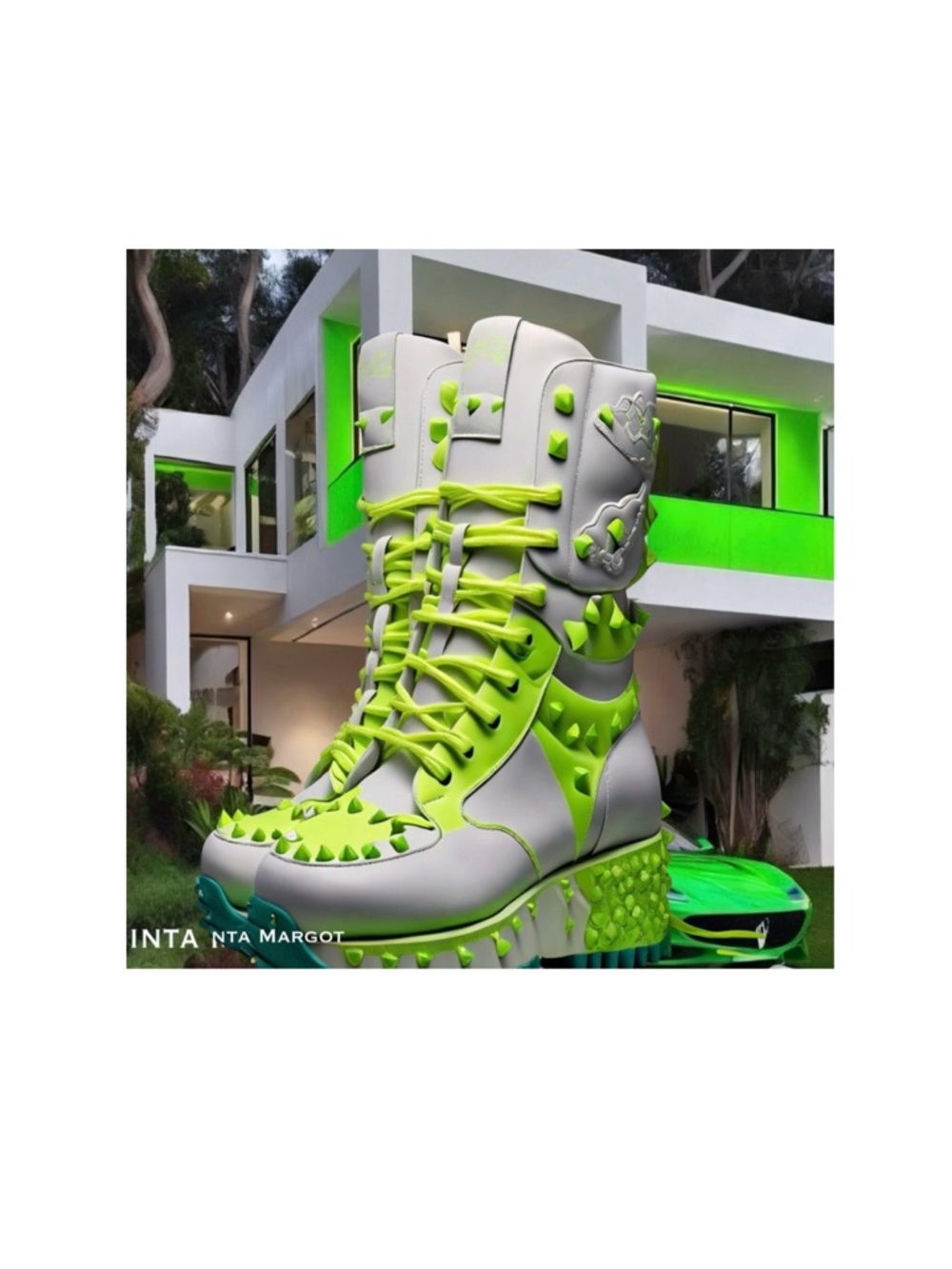 Sinta Margot  Lime and Gray Studded Platform Boots digital Art Print